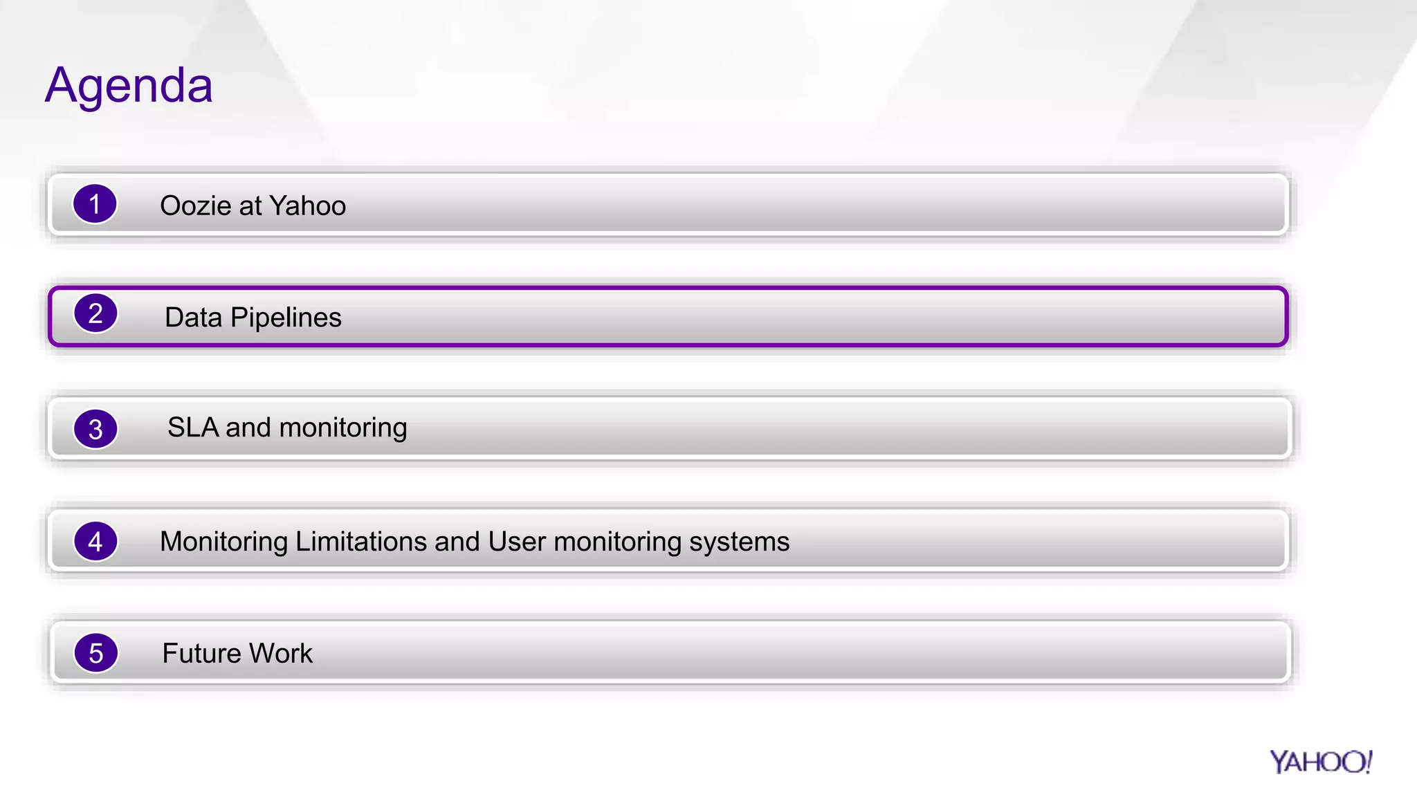 Agenda
Oozie at Yahoo1
Data Pipelines
SLA and monitoring
Monitoring Limitations and User monitoring systems
Future Work
2
3
4
5
 