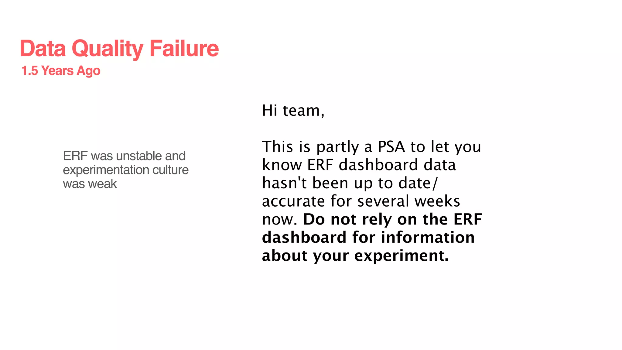 Data Quality Failure
ERF was unstable and
experimentation culture
was weak
Hi team,
This is partly a PSA to let you
know ERF dashboard data
hasn't been up to date/
accurate for several weeks
now. Do not rely on the ERF
dashboard for information
about your experiment.
1.5 Years Ago
 