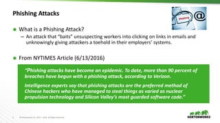 4 © Hortonworks Inc. 2011 – 2016. All Rights Reserved
Phishing Attacks
 What is a Phishing Attack?
– An attack that “baits” unsuspecting workers into clicking on links in emails and
unknowingly giving attackers a toehold in their employers’ systems.
 From NYTIMES Article (6/13/2016)
“Phishing attacks have become an epidemic. To date, more than 90 percent of
breaches have begun with a phishing attack, according to Verizon.
Intelligence experts say that phishing attacks are the preferred method of
Chinese hackers who have managed to steal things as varied as nuclear
propulsion technology and Silicon Valley’s most guarded software code.”
 