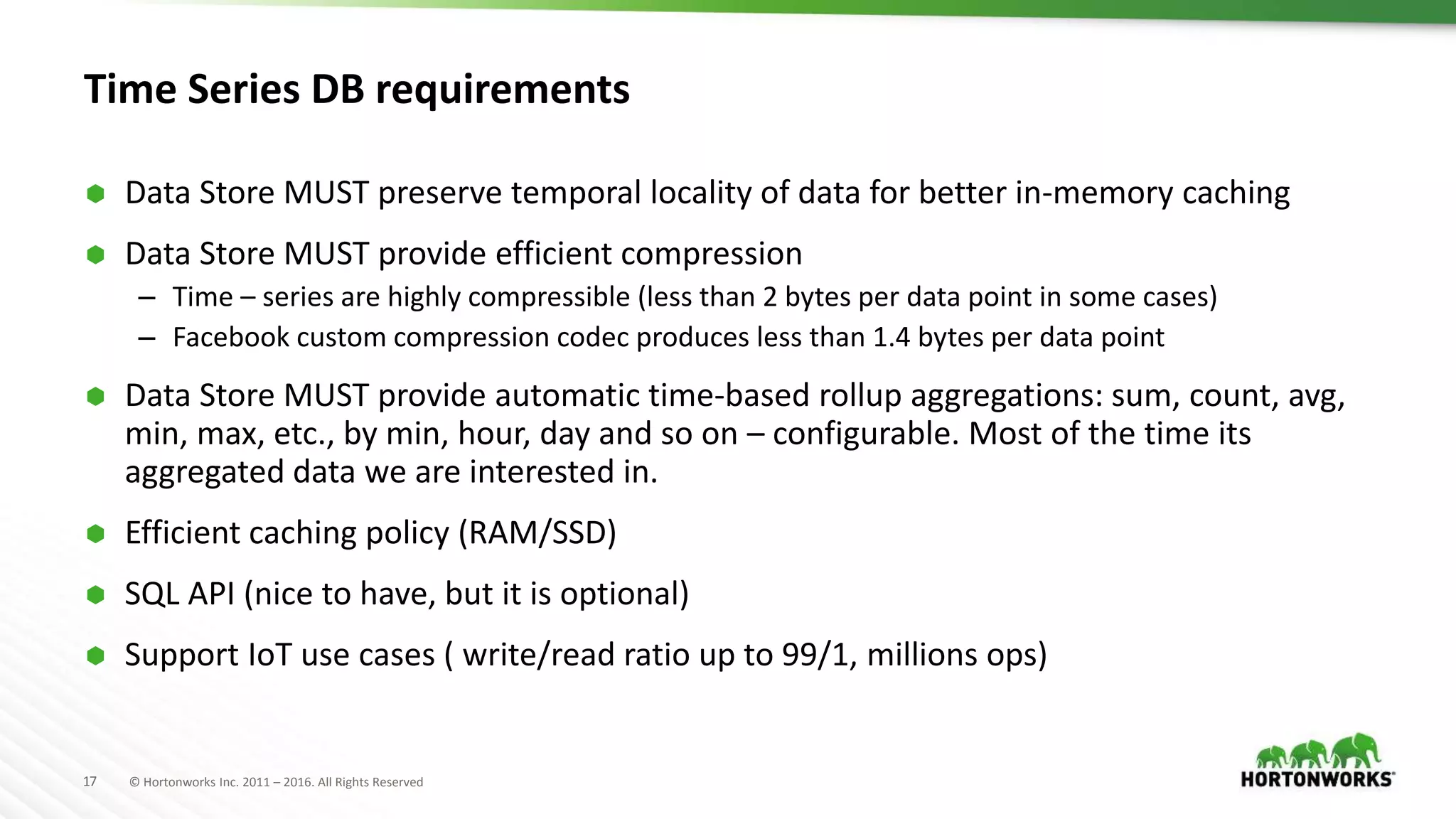 17 © Hortonworks Inc. 2011 – 2016. All Rights Reserved
Time Series DB requirements
 Data Store MUST preserve temporal locality of data for better in-memory caching
 Data Store MUST provide efficient compression
– Time – series are highly compressible (less than 2 bytes per data point in some cases)
– Facebook custom compression codec produces less than 1.4 bytes per data point
 Data Store MUST provide automatic time-based rollup aggregations: sum, count, avg,
min, max, etc., by min, hour, day and so on – configurable. Most of the time its
aggregated data we are interested in.
 Efficient caching policy (RAM/SSD)
 SQL API (nice to have, but it is optional)
 Support IoT use cases ( write/read ratio up to 99/1, millions ops)
 