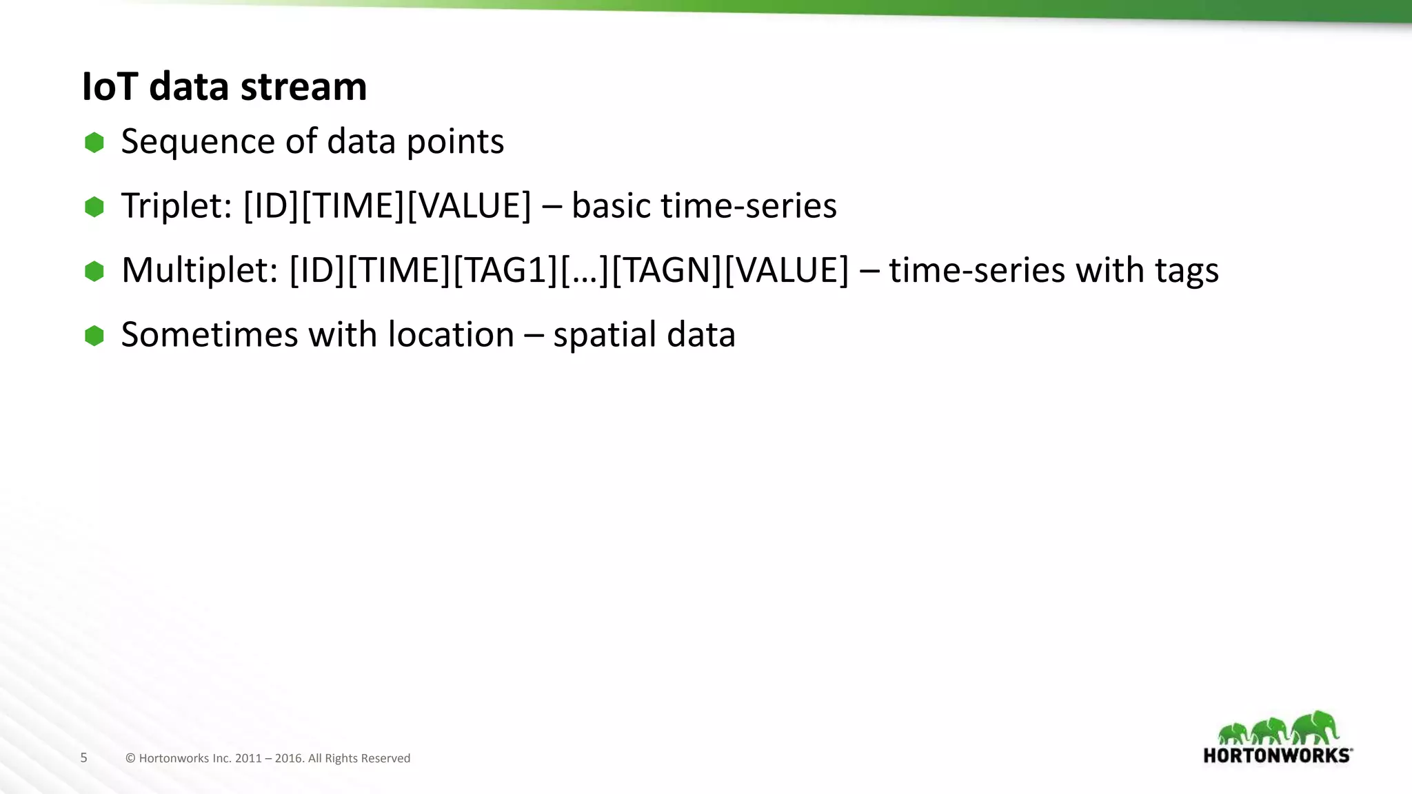 5 © Hortonworks Inc. 2011 – 2016. All Rights Reserved
IoT data stream
 Sequence of data points
 Triplet: [ID][TIME][VALUE] – basic time-series
 Multiplet: [ID][TIME][TAG1][…][TAGN][VALUE] – time-series with tags
 Sometimes with location – spatial data
 