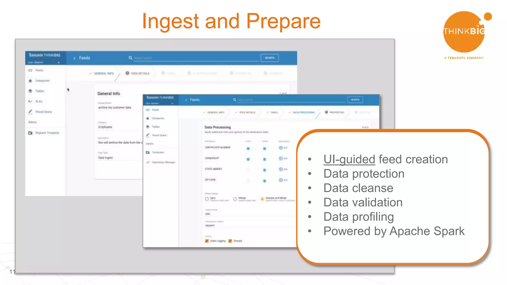 1111
Ingest and Prepare
• UI-guided feed creation
• Data protection
• Data cleanse
• Data validation
• Data profiling
• Powered by Apache Spark
 