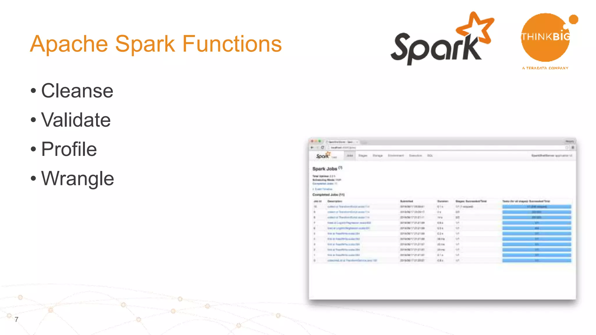 7
Apache Spark Functions
• Cleanse
• Validate
• Profile
• Wrangle
 