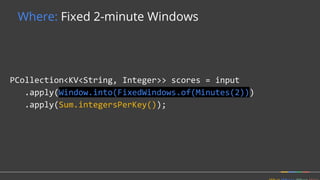 Where: Fixed 2-minute Windows
PCollection<KV<String, Integer>> scores = input
.apply(Window.into(FixedWindows.of(Minutes(2)))
.apply(Sum.integersPerKey());
 