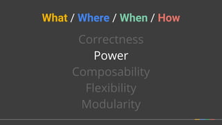 Correctness
Power
Composability
Flexibility
Modularity
What / Where / When / How
 
