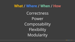 Correctness
Power
Composability
Flexibility
Modularity
What / Where / When / How
 