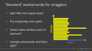 “Standard” workarounds for stragglers
• Split files into equal sizes?
• Pre-emptively over-split?
• Detect slow workers and re-
execute?
• Sample extensively and then
split?
Worker
Time
 