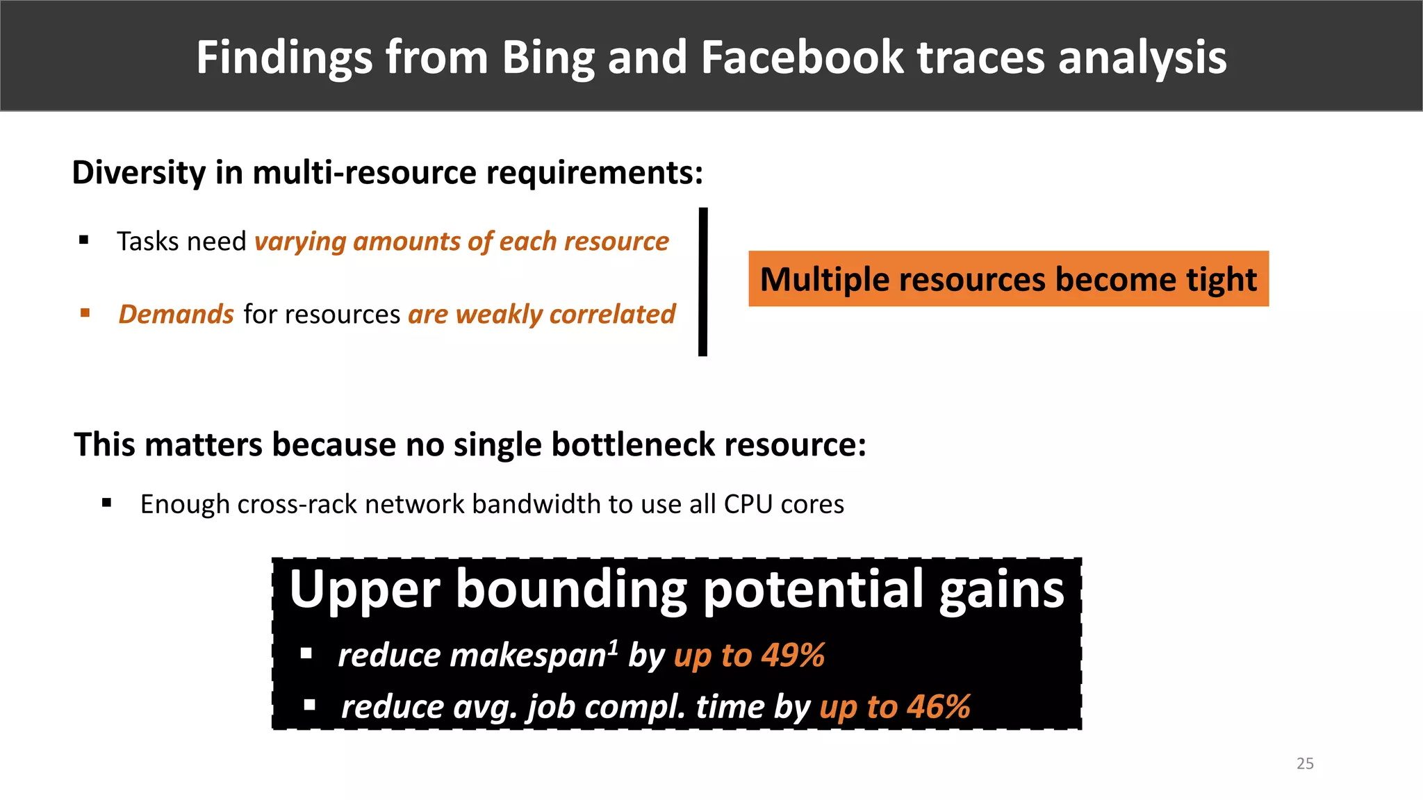 Findings from Bing and Facebook traces analysis
 Tasks need varying amounts of each resource
 Demands for resources are weakly correlated
Diversity in multi-resource requirements:
Multiple resources become tight
This matters because no single bottleneck resource:
 Enough cross-rack network bandwidth to use all CPU cores
25
Upper bounding potential gains
 reduce makespan1 by up to 49%
 reduce avg. job compl. time by up to 46%
 