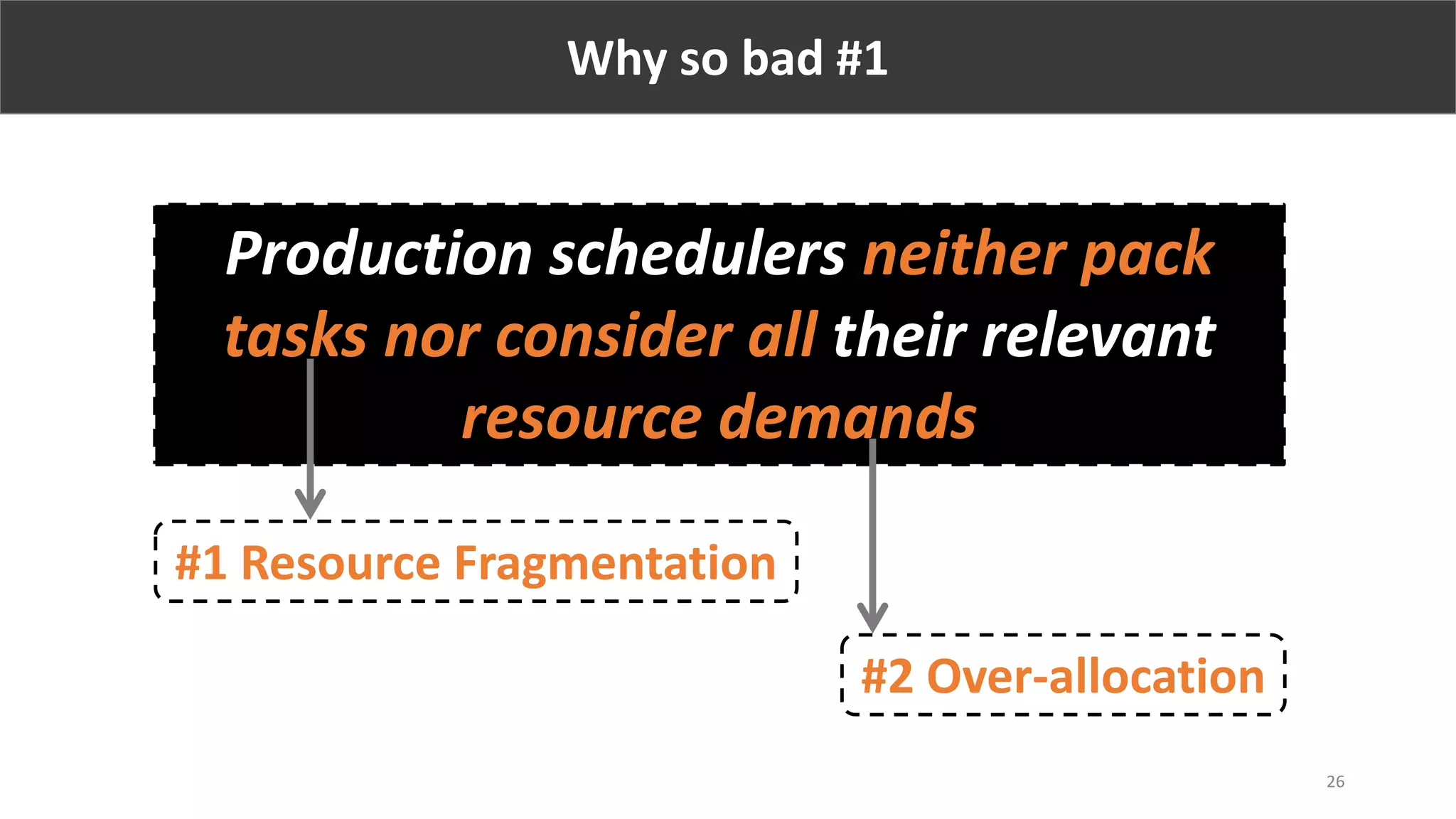 26
Why so bad #1
Production schedulers neither pack
tasks nor consider all their relevant
resource demands
#1 Resource Fragmentation
#2 Over-allocation
 