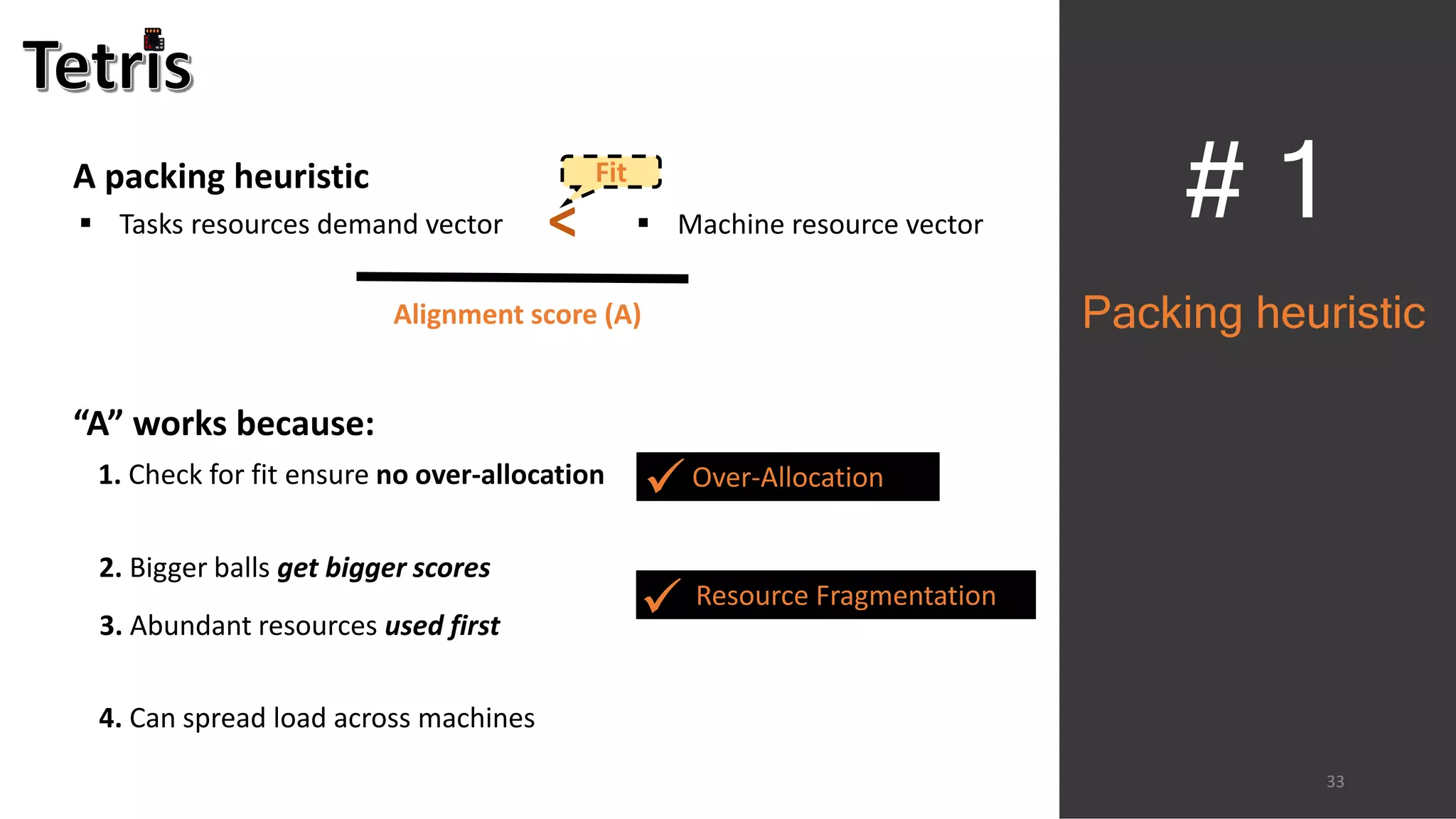 # 1
Packing heuristic
1. Check for fit ensure no over-allocation Over-Allocation
Alignment score (A)
33
A packing heuristic
 Tasks resources demand vector  Machine resource vector<
Fit
“A” works because:
2. Bigger balls get bigger scores
3. Abundant resources used first
Resource Fragmentation
4. Can spread load across machines
 