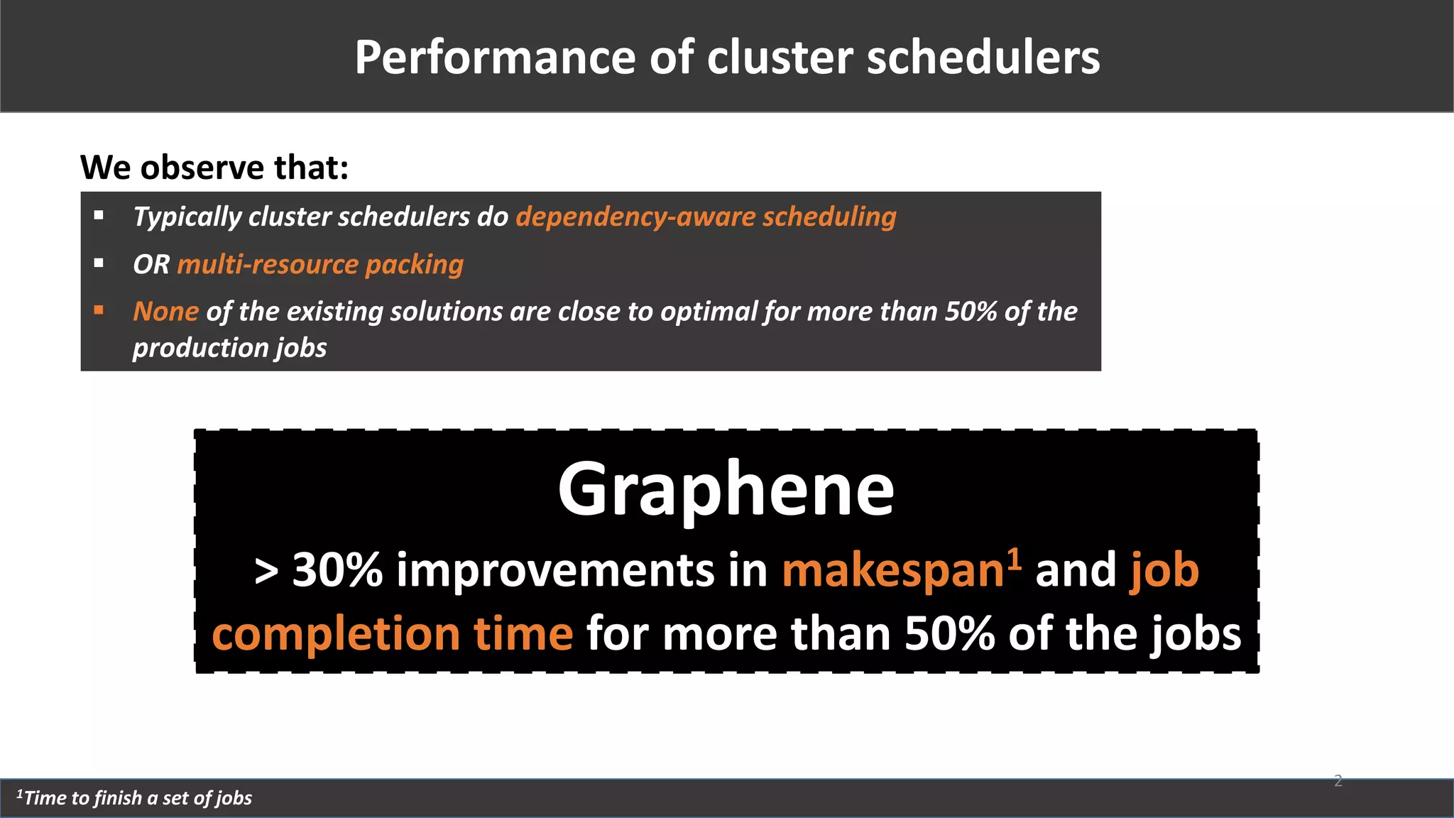 Performance of cluster schedulers
We observe that:
1Time to finish a set of jobs
 Typically cluster schedulers do dependency-aware scheduling
 OR multi-resource packing
 None of the existing solutions are close to optimal for more than 50% of the
production jobs
Graphene
> 30% improvements in makespan1 and job
completion time for more than 50% of the jobs
2
 