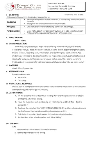 DAILYLESSON PLAN
Teacher: Ms. Amery G. Amador
Academic Year 2015 -2016
I. OBJECTIVES
At the end of the activity, the student is expected to:
COGNITIVE
 Identify the importance and usefulness of note-taking skillsin real-world
contexts.
 Recognize the characteristics of effectivenotes.
AFFECTIVE  Cite a situation wherenote taking can be an advantage.
PSYCHOMOTOR  Make notes about key points as they listen or read a selection/lesson
 Write a brief (one paragraph) summary of the selection.
II. SUBJECT MATTER:
NOTE TAKING
III. VALUES INTEGRATION:
Think about any reasons you might have for taking notes in everyday life, and any
occasions when you do so. It’s a skill we all use, to some extent, as part of organizing daily
life and routines, recording useful information, and identifying key points within it. As a
student, you will need to develop this skill for use in specific contexts, such as lecturesand
reading for assignments. It’s important to be pro-active about this – spend some time
thinking about your reasons for taking notes as part of your studies. Why are notes useful?
IV. MATERIALS:
chart, strips of paper, dlp
V. ASSESSMENT PLAN:
Formative Assessment
A. Recitation
B. Groupings
VI. MOTIVATIONAL BEGINNING:
Show a power point presentation of a fantasy story. Read the introduction of the story and
ask them if they still want to go on with story.
VII. LESSON PROPER :
A. Tell the class that they will continue reading storyafter the presentation of a topic
entitled the Art of Note Taking.
B. Have the students watch a videoclip on “Note taking and Study Tips | Back to
School 2014”
C. Continue the story fromthe “MOTIVATIONAL BEGINNING” and have the students use
the tips/lessons they have learned fromthe previous activity.
D. Call students fromthe class to present/sharetheir notes to the class.
E. Ask the class: What is the importance of “Note Taking”.
VIII. SYNTHESIS:
Ask:
1. What are the characteristics of effective notes?
2. Tell the importance of note taking
Time Frame: June 4, 2015
 
