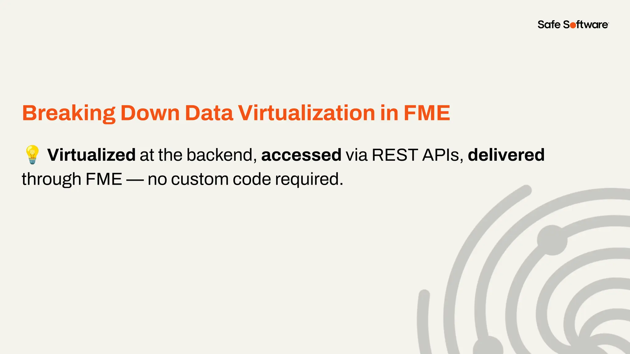 Breaking Down Data Virtualization in FME
💡 Virtualized at the backend, accessed via REST APIs, delivered
through FME — no custom code required.
 