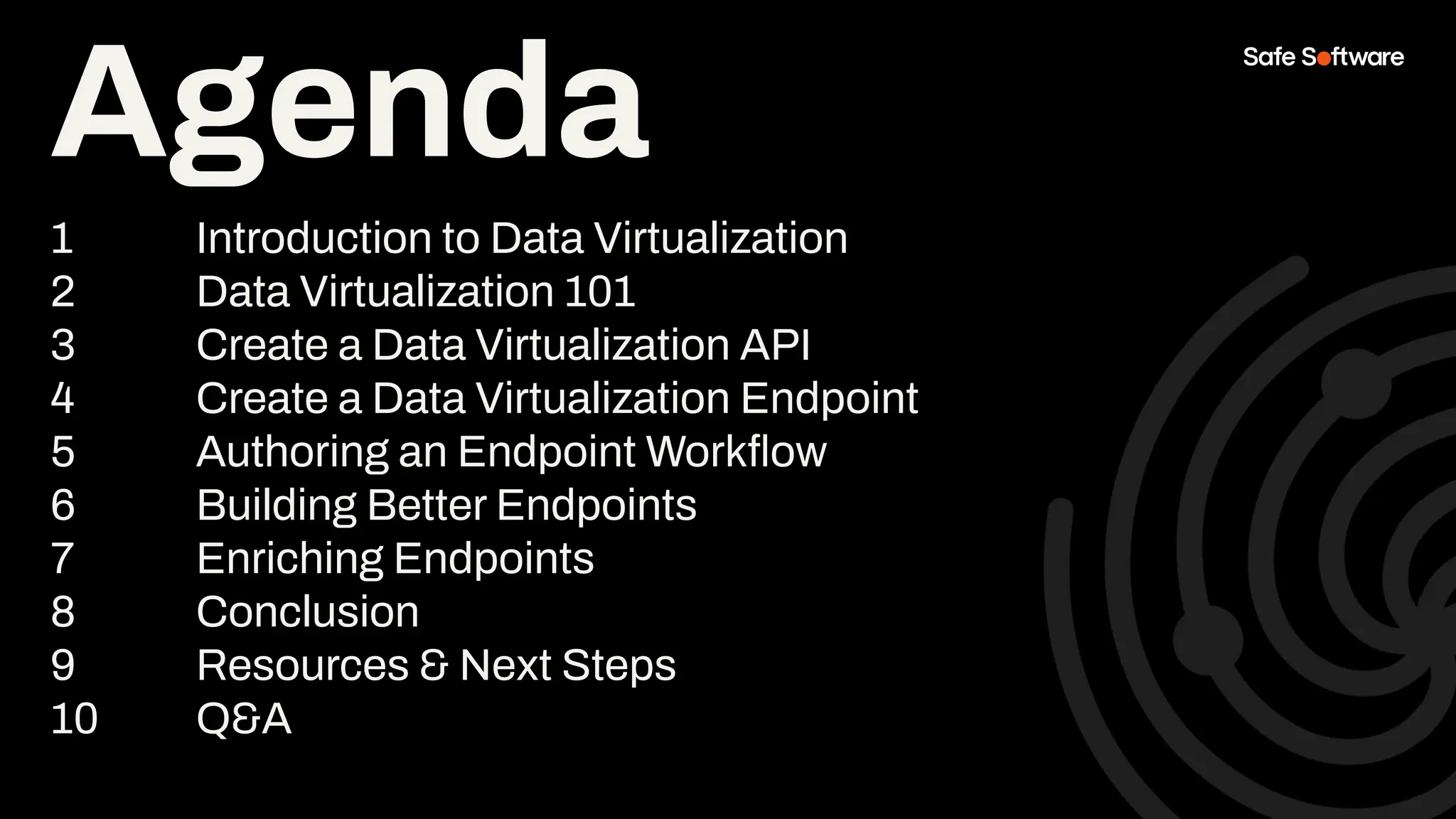 Agenda
1 Introduction to Data Virtualization
2 Data Virtualization 101
3 Create a Data Virtualization API
4 Create a Data Virtualization Endpoint
5 Authoring an Endpoint Workﬂow
6 Building Better Endpoints
7 Enriching Endpoints
8 Conclusion
9 Resources & Next Steps
10 Q&A
Agenda
 