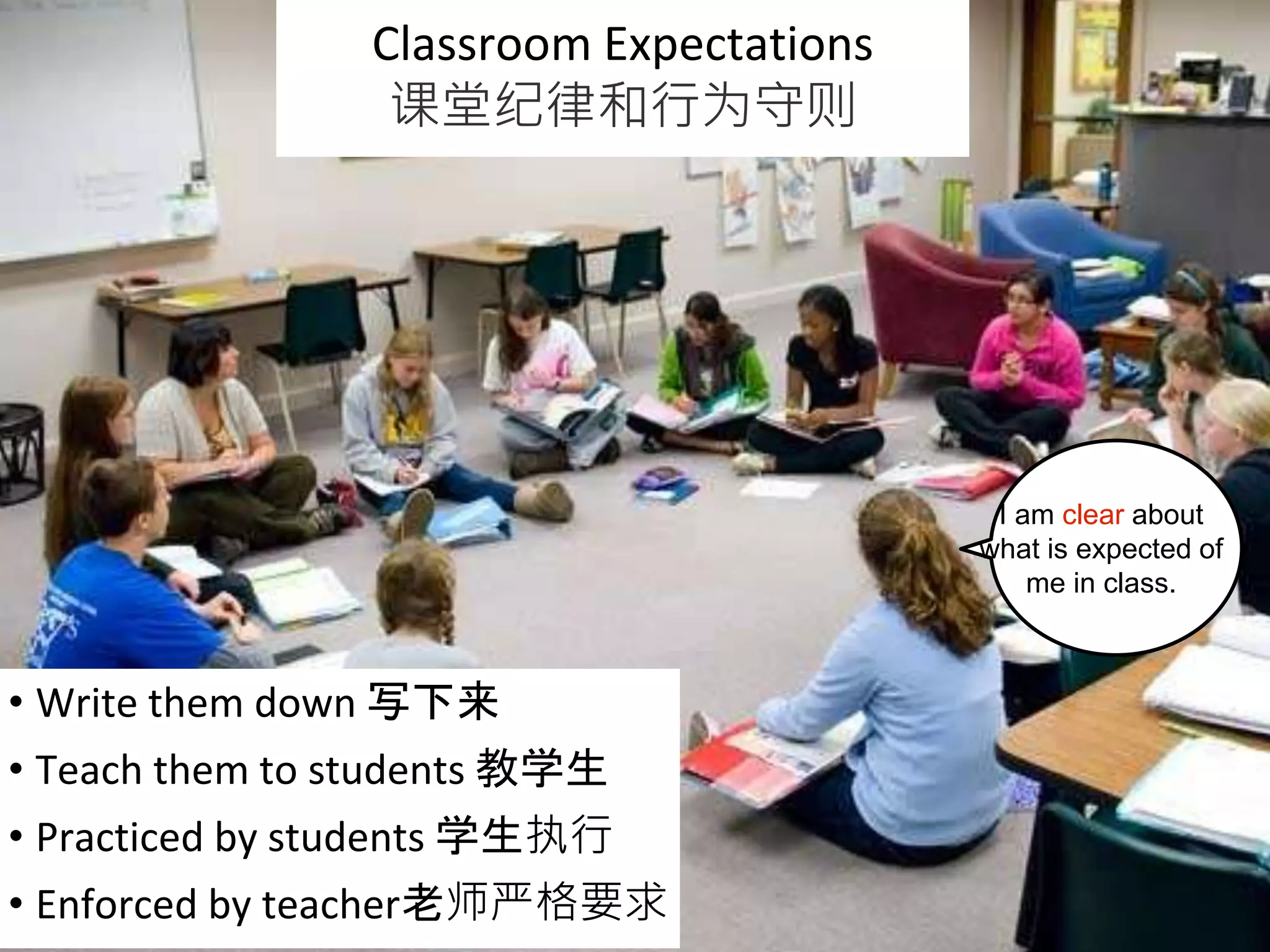 Classroom Expectations
课堂纪律和行为守则
• Write them down 写下来
• Teach them to students 教学生
• Practiced by students 学生执行
• Enforced by teacher老师严格要求
I am clear about
what is expected of
me in class.
 