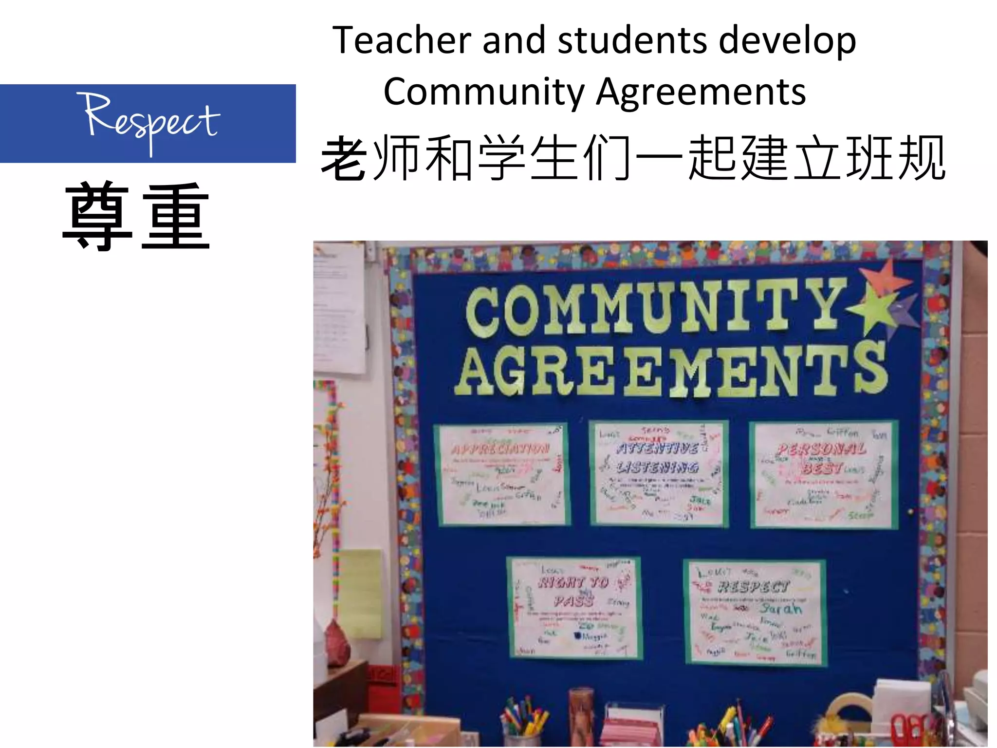 Teacher and students develop
Community Agreements
老师和学生们一起建立班规
尊重
 