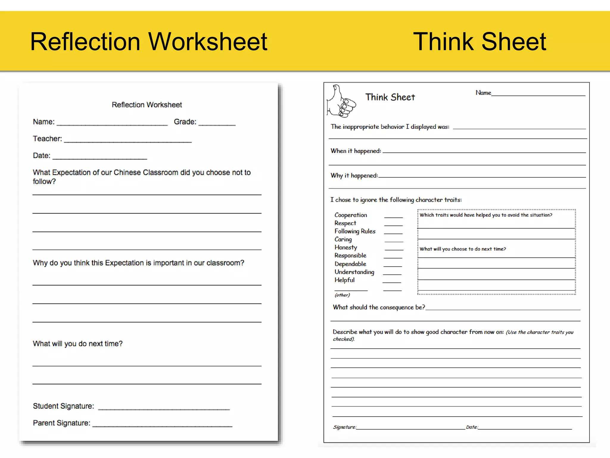 Reflection Worksheet Think Sheet
 