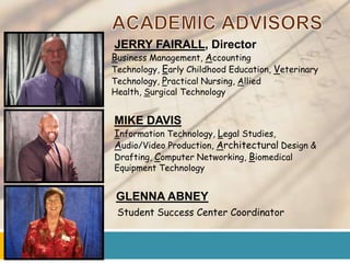 JERRY FAIRALL, Director
Business Management, Accounting
Technology, Early Childhood Education, Veterinary
Technology, Practical Nursing, Allied
Health, Surgical Technology


MIKE DAVIS
Information Technology, Legal Studies,
Audio/Video Production, Architectural Design &
Drafting, Computer Networking, Biomedical
Equipment Technology


 GLENNA ABNEY
 Student Success Center Coordinator
 