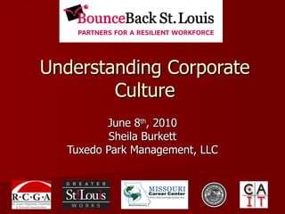 Understanding Corporate Culture June 8 th , 2010 Sheila Burkett Tuxedo Park Management, LLC 