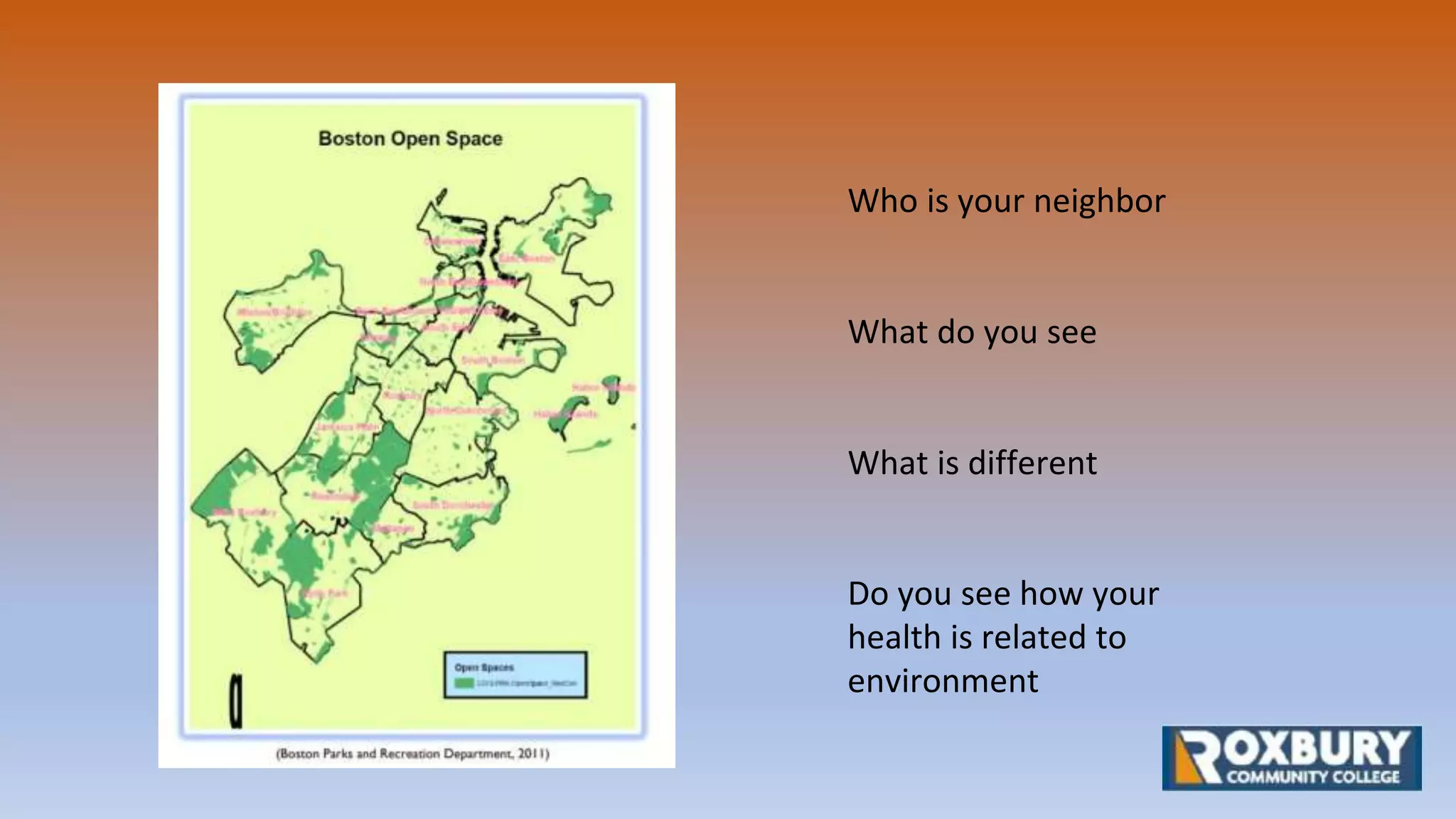 Who is your neighbor
What do you see
What is different
Do you see how your
health is related to
environment
 