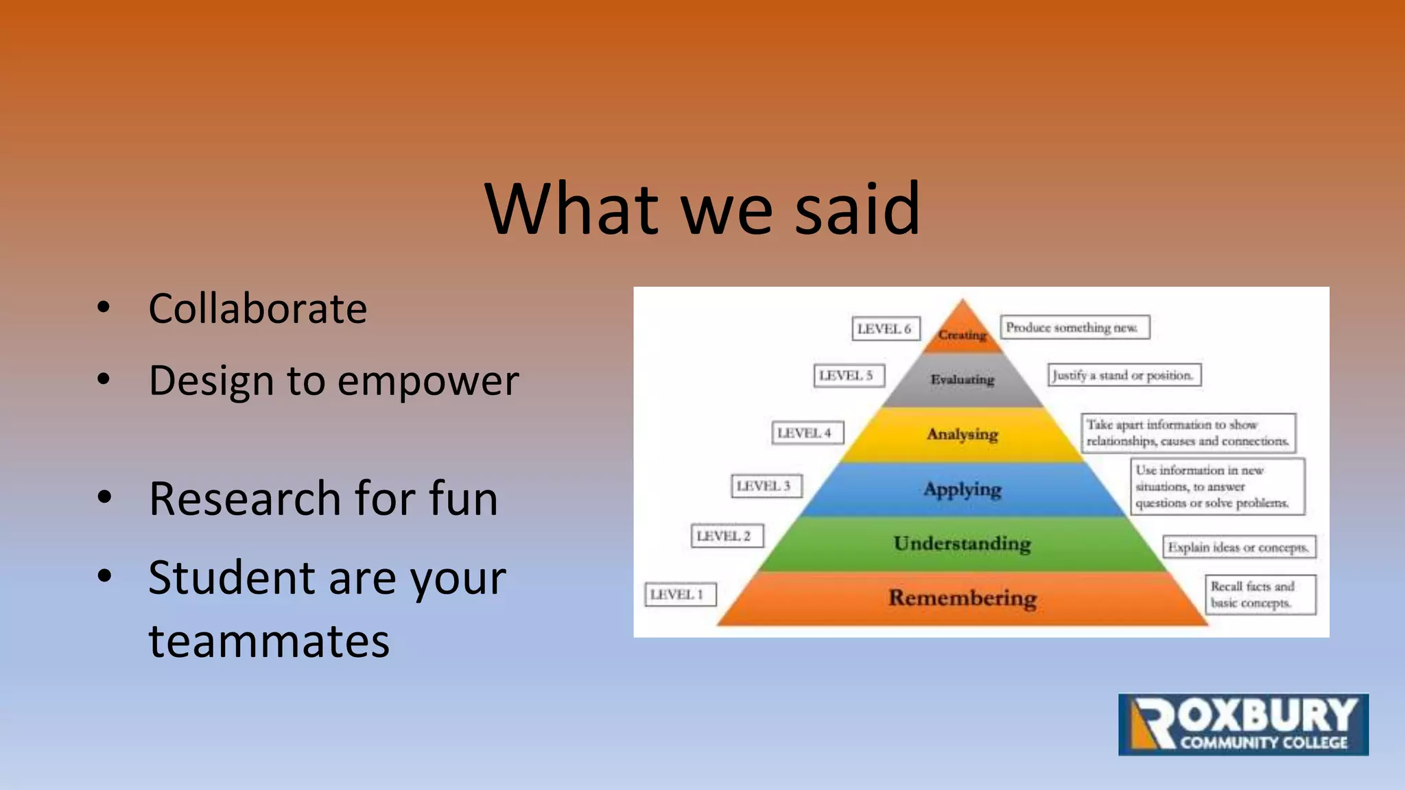 What we said
• Collaborate
• Design to empower
• Research for fun
• Student are your
teammates
 