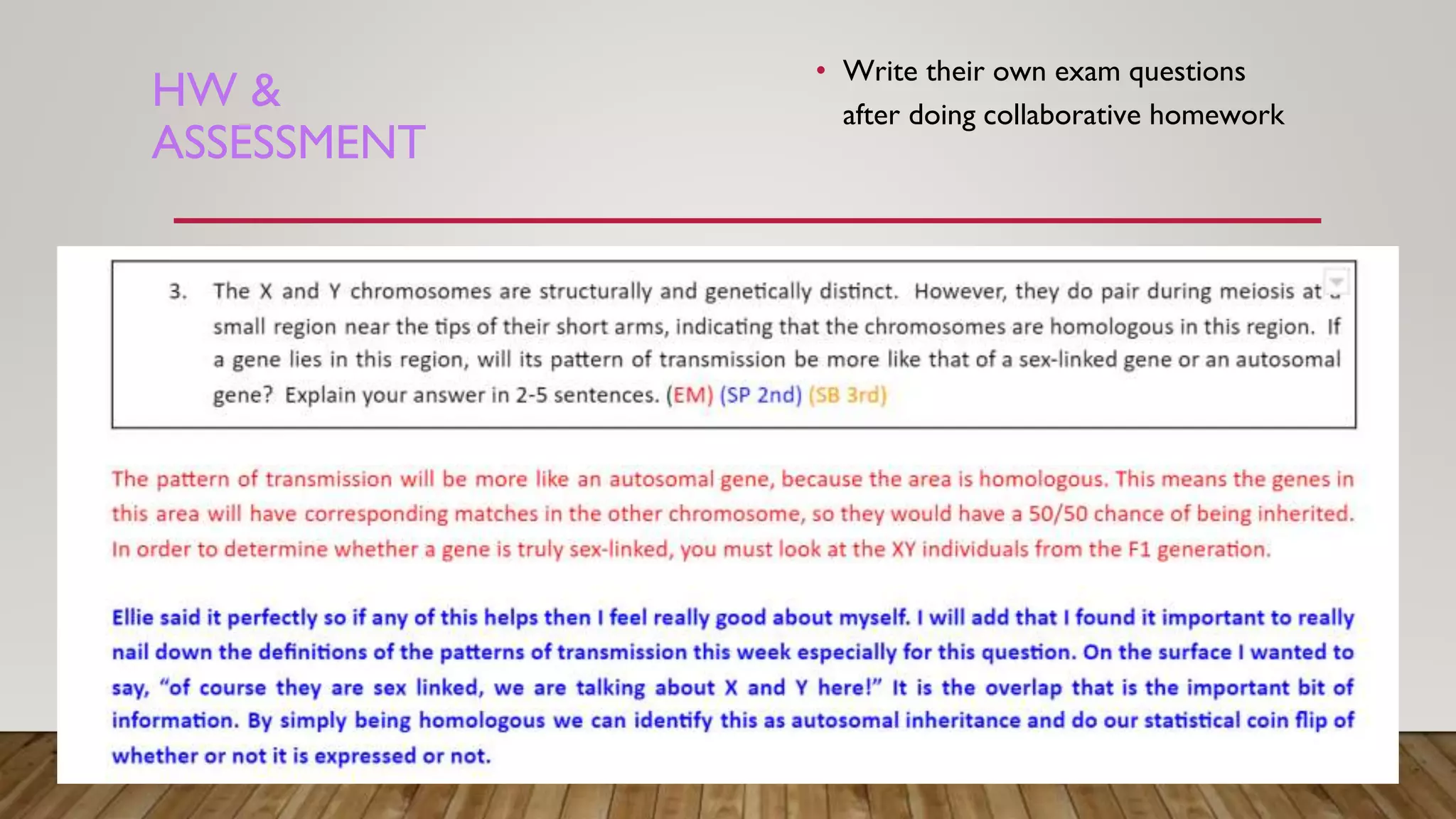 HW &
ASSESSMENT
• Write their own exam questions
after doing collaborative homework
 