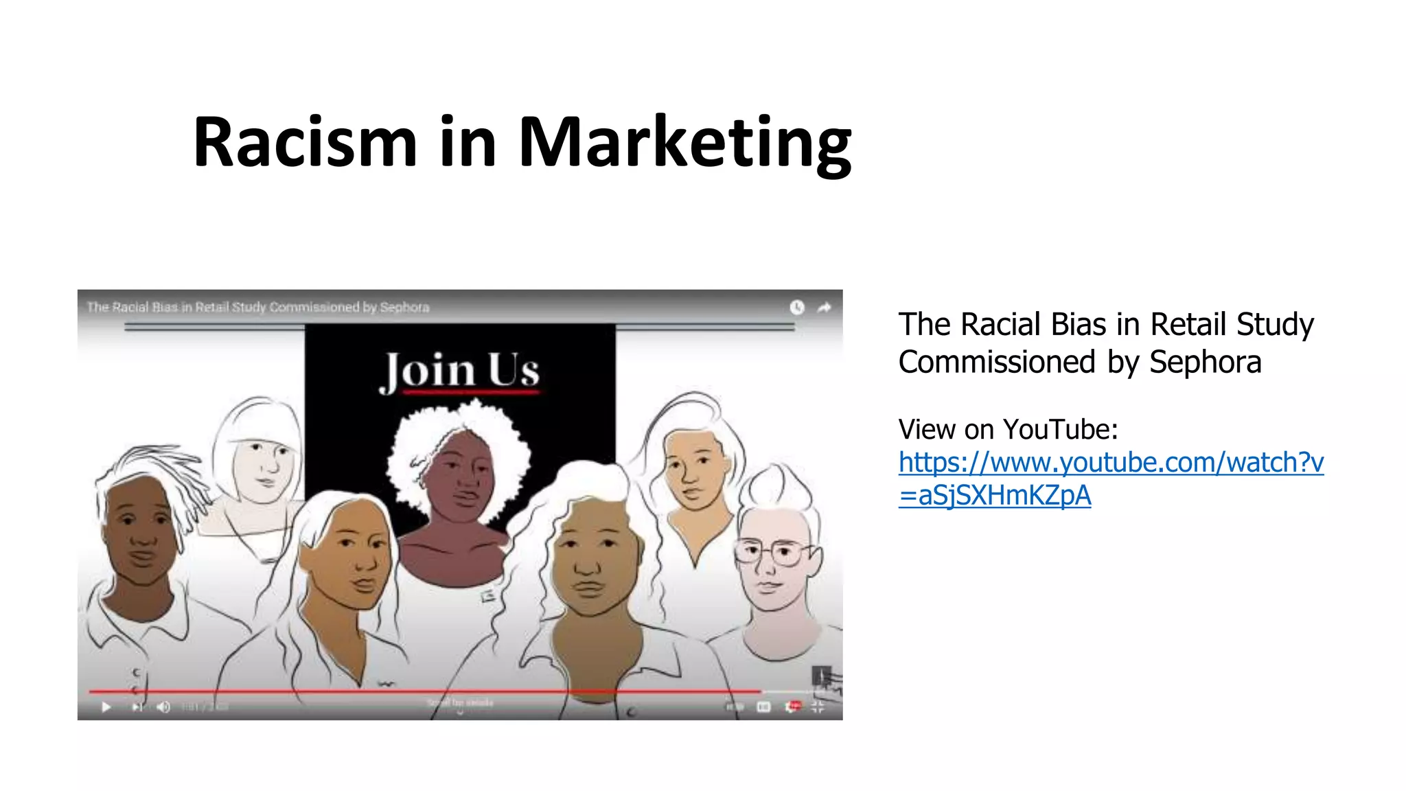 Racism in Marketing
The Racial Bias in Retail Study
Commissioned by Sephora
View on YouTube:
https://www.youtube.com/watch?v
=aSjSXHmKZpA
 