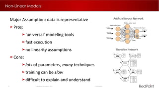 10  RedPoint Global Inc. 2015 Confidential
Non-Linear Models
Major Assumption: data is representative
Pros:
‘universal’ modeling tools
fast execution
no linearity assumptions
Cons:
lots of parameters, many techniques
training can be slow
difficult to explain and understand
Artificial Neural Network
Bayesian Network
 