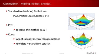 16  RedPoint Global Inc. 2015 Confidential
Optimization – making the best choices
Standard (old-school) Techniques:
PCA, Partial Least Squares, etc.
Pros:
because the math is easy !
Cons:
lots of (usually incorrect) assumptions
new data = start from scratch
 