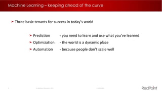 2  RedPoint Global Inc. 2015 Confidential
Machine Learning – keeping ahead of the curve
Three basic tenants for success in today’s world
Prediction - you need to learn and use what you’ve learned
Optimization - the world is a dynamic place
Automation - because people don’t scale well
 