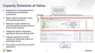 Capacity Scheduler at Yahoo
10
 Designed for running applications in
a shared secure multi-tenant
environment
 Meets individual application needs
with capacity guarantees
 Maximizes cluster utilization by
providing elasticity through access to
excess cluster capacity
 Safeguards against misbehaving
applications and users through limits
 Capacity abstractions through
queues and hierarchical queues for
predictable sharing
 Queue ACLs control who can submit
applications
Cluster-level metrics
show total resources
available and used
Configured
queues and sub-
queues for the
cluster
Recently
scheduled jobs
 