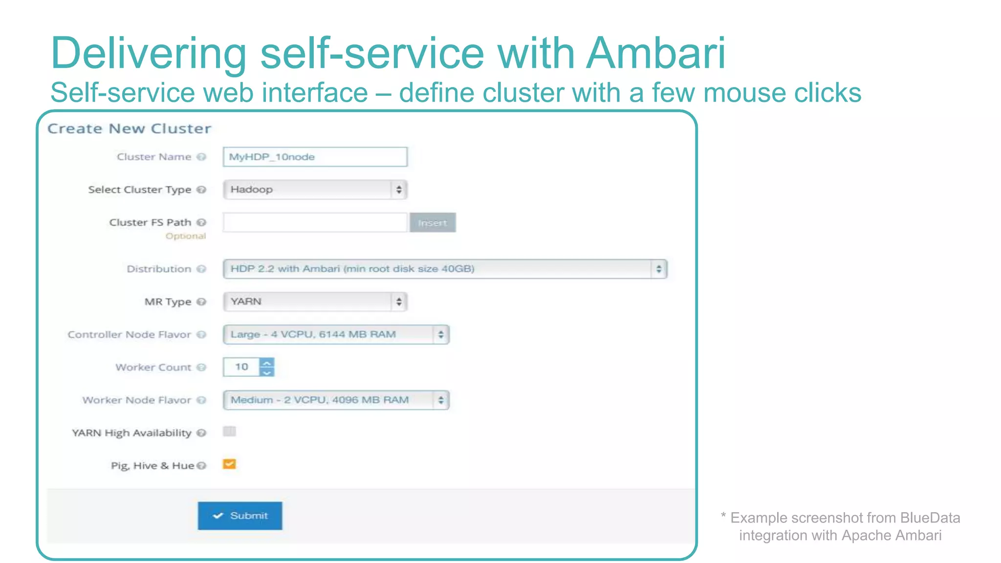 Delivering self-service with Ambari
Self-service web interface – define cluster with a few mouse clicks
* Example screenshot from BlueData
integration with Apache Ambari
 