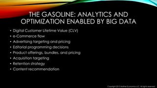 THE GASOLINE: ANALYTICS AND
OPTIMIZATION ENABLED BY BIG DATA
• Digital Customer Lifetime Value (CLV)
• e-Commerce flow
• Advertising targeting and pricing
• Editorial programming decisions
• Product offerings, bundles, and pricing
• Acquisition targeting
• Retention strategy
• Content recommendation
Copyright 2015 Mather Economics LLC. All rights reserved.
 