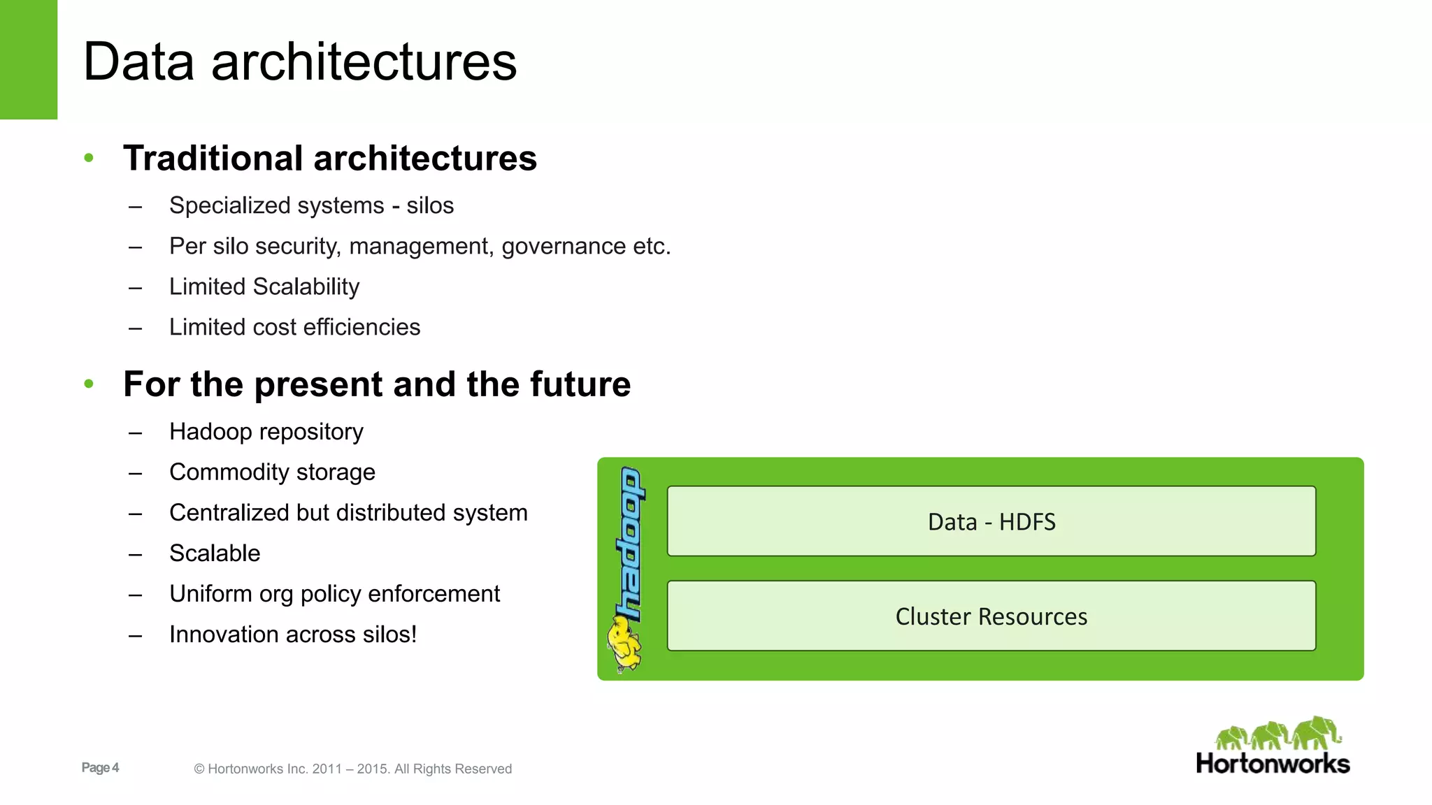 Page4 © Hortonworks Inc. 2011 – 2015. All Rights Reserved
Data architectures
• Traditional architectures
– Specialized systems - silos
– Per silo security, management, governance etc.
– Limited Scalability
– Limited cost efficiencies
• For the present and the future
– Hadoop repository
– Commodity storage
– Centralized but distributed system
– Scalable
– Uniform org policy enforcement
– Innovation across silos!
Data - HDFS
Cluster Resources
 