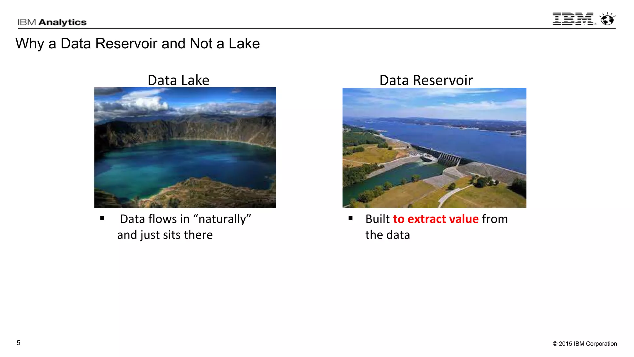 © 2015 IBM Corporation5
Why a Data Reservoir and Not a Lake
 Data flows in “naturally”
and just sits there
 Built to extract value from
the data
Data Lake Data Reservoir
 
