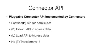Connector API
• Pluggable Connector API implemented by Connectors
• Partition(P) API for parallelism
• (E) Extract API to egress data
• (L) Load API to ingress data
• No (T) Transform yet !
 