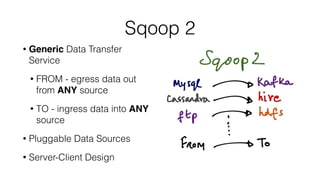 Sqoop 2
• Generic Data Transfer
Service
• FROM - egress data out
from ANY source
• TO - ingress data into ANY
source
• Pluggable Data Sources
• Server-Client Design
 