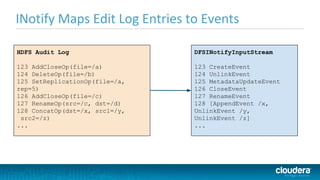 HDFS Audit Log
123 AddCloseOp(file=/a)
124 DeleteOp(file=/b)
125 SetReplicationOp(file=/a,
rep=5)
126 AddCloseOp(file=/c)
127 RenameOp(src=/c, dst=/d)
128 ConcatOp(dst=/x, src1=/y,
src2=/z)
...
DFSINotifyInputStream
123 CreateEvent
124 UnlinkEvent
125 MetadataUpdateEvent
126 CloseEvent
127 RenameEvent
128 [AppendEvent /x,
UnlinkEvent /y,
UnlinkEvent /z]
...
 