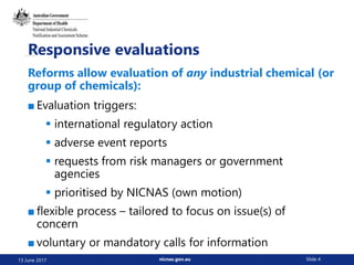 nicnas.gov.au Slide 4
Responsive evaluations
■ Evaluation triggers:
 international regulatory action
 adverse event reports
 requests from risk managers or government
agencies
 prioritised by NICNAS (own motion)
■ flexible process – tailored to focus on issue(s) of
concern
■ voluntary or mandatory calls for information
13 June 2017
Reforms allow evaluation of any industrial chemical (or
group of chemicals):
 