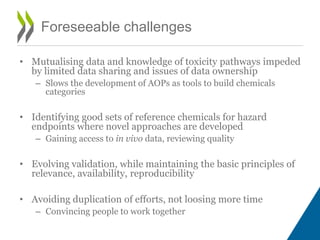 Foreseeable challenges
• Mutualising data and knowledge of toxicity pathways impeded
by limited data sharing and issues of data ownership
– Slows the development of AOPs as tools to build chemicals
categories
• Identifying good sets of reference chemicals for hazard
endpoints where novel approaches are developed
– Gaining access to in vivo data, reviewing quality
• Evolving validation, while maintaining the basic principles of
relevance, availability, reproducibility
• Avoiding duplication of efforts, not loosing more time
– Convincing people to work together
 