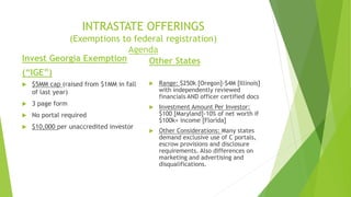 INTRASTATE OFFERINGS
(Exemptions to federal registration)
Agenda
Invest Georgia Exemption
(“IGE”)
 $5MM cap (raised from ...
