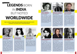 JUNE 2015 | WWW.WISHESH.COM
31
WWW.WISHESH.COM | JUNE 2015
30
LEGENDS BORN
IN INDIA
BUT NOTED
WORLDWIDE
TAKE A LOOK AT THOSE WHO WERE BORN IN INDIA AND WENT ON TO
CONQUER THE WORLD WITH THEIR PROFESSION.
SABU DASTAGIR
A son of an Indian mahout was
discovered by documentary
film-maker Robert Flaherty
who casted him in British film
‘Elephant Boy’. He was best
known for his role as ‘Abu’ in
‘The Thief of Bagdad’. He had
acted in various Hollywood
movies which increased his
popularity. Later on, he joined
the United States Army Air
Forces and was awarded for his
distinguished valor.
(Born in Mysore)
VIVIEN LEIGH
This ravishing lady stunned the
world with her performance as
Scarlett O’Hara in ‘Gone with
the Wind’ (1939). She even
won ‘Best Actress’ for two
films in Academy Awards. The
charming lady was born with
silver spoon. She had spent few
years in Bangalore before she
was sent to a convent school in
England from where her acting
career started.
(Born in Darjeeling)
JULIE CHRISTIE
The Oscar winner who grew
up at a tea estate in Chabua,
Assam is known for her role
in ‘Billy Liar’ (1963). Critical
recognisation in Golden Globe,
BAFTA and Screen Actors Guild
Awards was feather in her cap.
(Born in Assam)
MERLE OBERON
Once nominated as Best
Actress for Oscar awards
tried her level best to hide the
truth of her birth. It was the
year before she died when she
confirmed her true origin. ‘The
Scarlet Pimpernel’(1934) and
‘Wuthering Heights’ (1939) are
some of her best movies.
(Born in Mumbai)
PERSIS KHAMBATTA
An Indian model who is
popularly known for role as
Lieutenant Ilia in ‘Star Trek’
(1979). Born and brought up in
Mumbai rose to fame when her
pictures were used to campaign
a popular soap brand. Gradually
shewentontobecomeafamous
model. She had turned down a
role in ‘Bond’ film to keep her
mother’s promise.
(Born in Mumbai)
ENCELBERT HUMPERDINCK
Best known for his songs
“Release Me” and “The Last
Waltz” had spent first decade
of his life in Chennai. The family
moved to England when he ten.
Atearlystagehestartedplaying
saxophone in nightclubs until
he started singing at the age
of seventeen. He gained a rare
feat of scoring two million sales
of his music copies in a year.
(Born in Madras)
RUDYARD KIPLING
The Nobel Prize winner famous
for his works: ‘The Jungle Book’
and ‘Gunga Din’ was born on
December 30, 1865 in Mumbai.
At early age he was fascinated
by the country and its culture
and wanted to discover more
about it, but at the age of 6 he
was sent to England for further
education.
(Born in Mumbai)
DOUGLAS JARDINE
Douglas Robert Jardine, a right
handed batsman is best known
for his captaincy during 1932-
33 Ashes tour of Australia. He
grew up and studied in Mumbai
till the age of 9 after he was
sent to a school in England. His
defensive method of batting
had gained him negative
criticism. Despite this Jardine
was selected in Test matches
for the first time in 1928 and
rest was history.
(Born in Mumbai)
CLIFF RICHARD
Sir Cliff born in Lucknow in
1940 had spent the first three
years of his life in Dehradun.
A singer, musician, performer,
actor and philanthropist has
total sales of over 21 million
singles in United Kingdom
behind the ‘Beatles’ and ‘Elvis
Presley’. His singing talent was
discovered when he sang in a
choir at St. Thomas School in
Howrah.
(Born in Lucknow)
India
LEGENDS
 