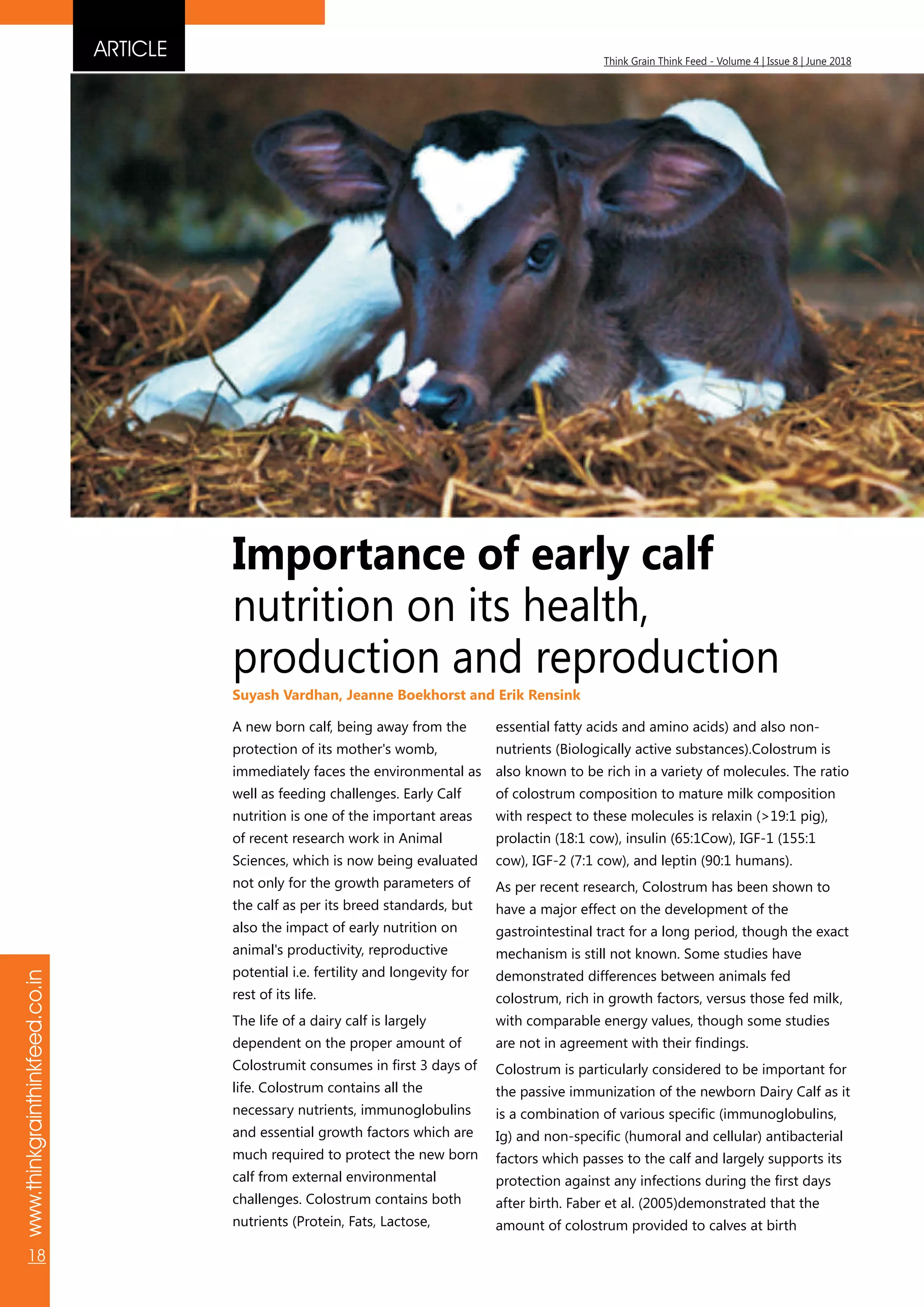 www.thinkgrainthinkfeed.co.in
18
Think Grain Think Feed - Volume 4 | Issue 8 | June 2018
A new born calf, being away from the
protection of its mother's womb,
immediately faces the environmental as
well as feeding challenges. Early Calf
nutrition is one of the important areas
of recent research work in Animal
Sciences, which is now being evaluated
not only for the growth parameters of
the calf as per its breed standards, but
also the impact of early nutrition on
animal's productivity, reproductive
potential i.e. fertility and longevity for
rest of its life.
The life of a dairy calf is largely
dependent on the proper amount of
Colostrumit consumes in first 3 days of
life. Colostrum contains all the
necessary nutrients, immunoglobulins
and essential growth factors which are
much required to protect the new born
calf from external environmental
challenges. Colostrum contains both
nutrients (Protein, Fats, Lactose,
essential fatty acids and amino acids) and also non-
nutrients (Biologically active substances).Colostrum is
also known to be rich in a variety of molecules. The ratio
of colostrum composition to mature milk composition
with respect to these molecules is relaxin (>19:1 pig),
prolactin (18:1 cow), insulin (65:1Cow), IGF-1 (155:1
cow), IGF-2 (7:1 cow), and leptin (90:1 humans).
As per recent research, Colostrum has been shown to
have a major effect on the development of the
gastrointestinal tract for a long period, though the exact
mechanism is still not known. Some studies have
demonstrated differences between animals fed
colostrum, rich in growth factors, versus those fed milk,
with comparable energy values, though some studies
are not in agreement with their findings.
Colostrum is particularly considered to be important for
the passive immunization of the newborn Dairy Calf as it
is a combination of various specific (immunoglobulins,
Ig) and non-specific (humoral and cellular) antibacterial
factors which passes to the calf and largely supports its
protection against any infections during the first days
after birth. Faber et al. (2005)demonstrated that the
amount of colostrum provided to calves at birth
ARTICLE
Importance of early calf
nutrition on its health,
production and reproduction
Suyash Vardhan, Jeanne Boekhorst and Erik Rensink
 
