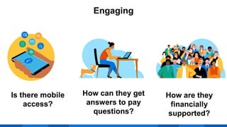 Is there mobile
access?
How can they get
answers to pay
questions?
How are they
financially
supported?
Engaging
 