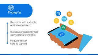 Save time with a simple,
unified experience
Increase productivity with
easy access to insights
Reduce worker
calls to support
Engaging
 