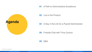 Agenda
Workday Confidential
01 A Path to Administrative Excellence
02 Live in the Product
03 A Day in the Life for a Payroll Administrator
04 Fireside Chat with Trina Cynova
05 Q&A
 