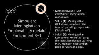 Simpulan:
Meningkatkan
Employability melalui
Enrichment 3+1
• Memperkaya diri (Self-
enrichment) menguatkan
mahasiswa.
• Solusi (1): Meningkatkan
Glokalisme, memberi nilai
tambah pada lingkungan lokal
(“lokalisasi”).
• Solusi (2): Meningkatkan
Kompetensi Konsultatif yang
diintegrasikan dengan Learning
Plan, memberi nilai tambah
pada perusahaan global.
 