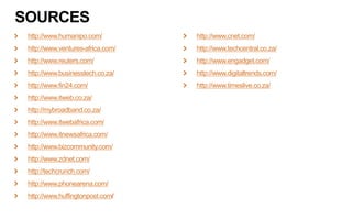 http://www.humanipo.com/
http://www.ventures-africa.com/
http://www.reuters.com/
http://www.businesstech.co.za/
http://www.fin24.com/
http://www.itweb.co.za/
http://mybroadband.co.za/
http://www.itwebafrica.com/
http://www.itnewsafrica.com/
http://www.bizcommunity.com/
http://www.zdnet.com/
http://techcrunch.com/
http://www.phonearena.com/
http://www.huffingtonpost.com/
SOURCES
http://www.cnet.com/
http://www.techcentral.co.za/
http://www.engadget.com/
http://www.digitaltrends.com/
http://www.timeslive.co.za/
 