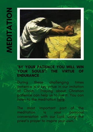 During these challenging times
patience is a key virtue in our imitation
of Christ.  Praying about Christian
patience can help us to live it. You can
listen to the meditation here.
The most important part of the
meditation is your personal
conversation with our Lord, using the
priest’s prayer to inspire your own.
"BY YOUR PATIENCE YOU WILL WIN
YOUR SOULS": THE VIRTUE OF
ENDURANCE
MEDITATION
 