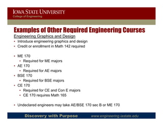 College of Engineering




Examples of Other Required Engineering Courses
Engineering Graphics and Design
• Introduce engineering graphics and design
• Credit or enrollment in Math 142 required

• ME 170
   • Required for ME majors
• AE 170
   • Required for AE majors
• BSE 170
   • Required for BSE majors
• CE 170
   • Required for CE and Con E majors
   • CE 170 requires Math 165

• Undeclared engineers may take AE/BSE 170 sec B or ME 170

        Discovery with Purpose                www.engineering.iastate.edu
 